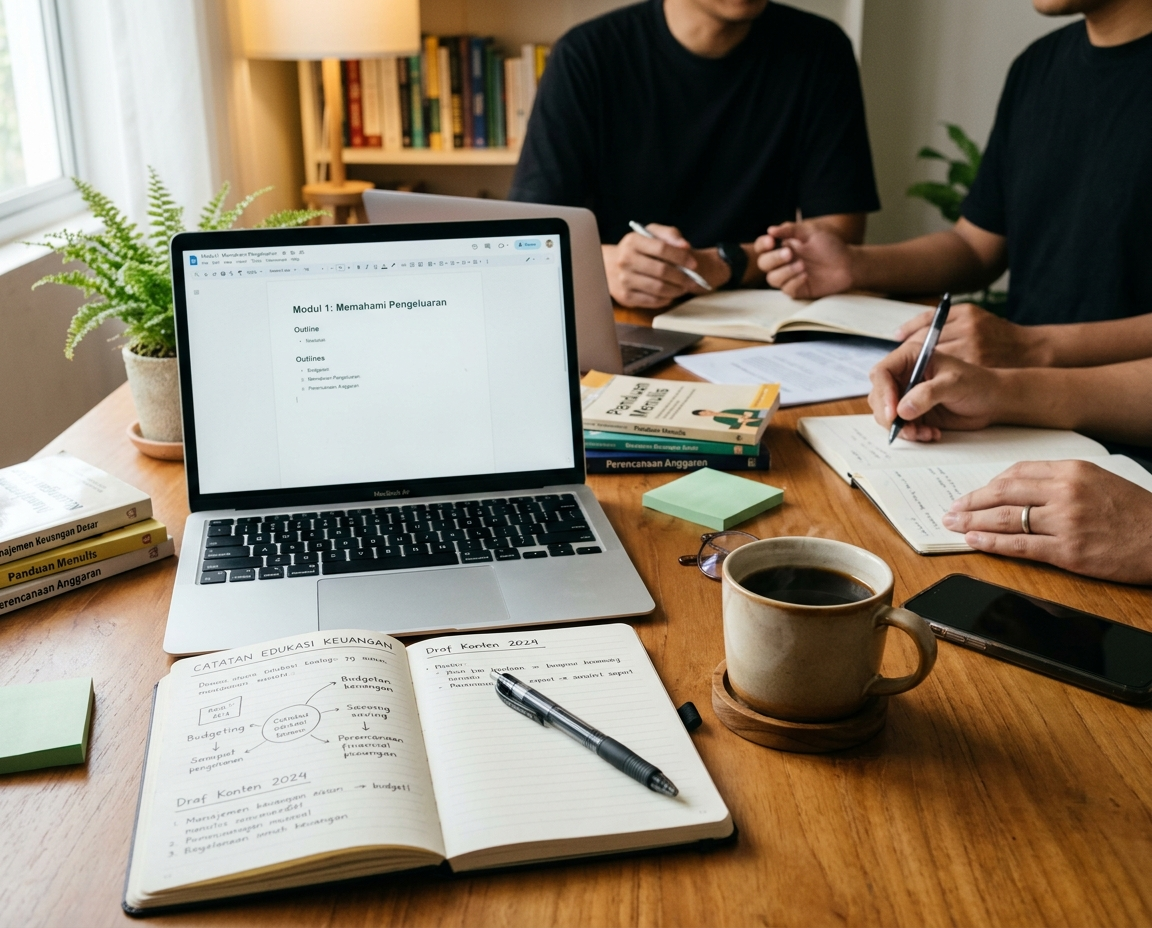 Meja kerja dengan buku catatan, secangkir kopi, dan laptop terbuka yang menampilkan kerangka belajar investasi