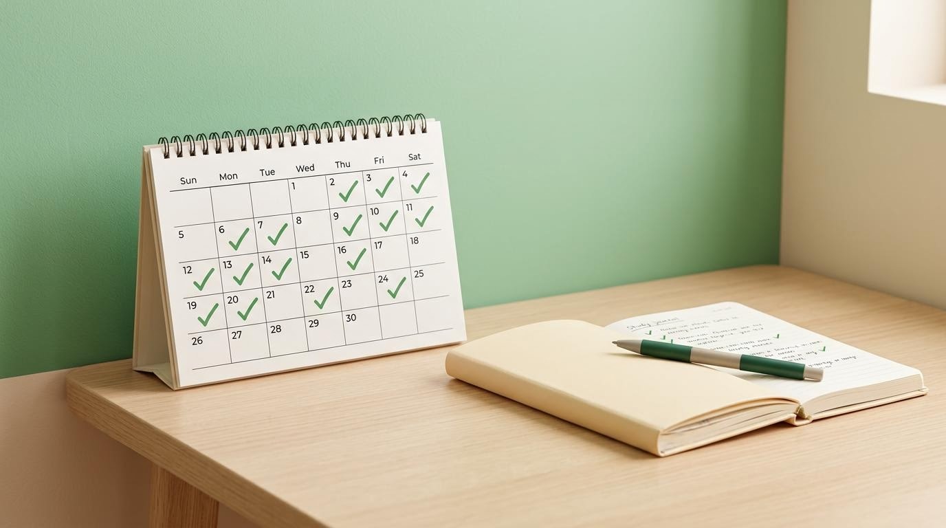 Kalender dengan beberapa tanda centang dan buku catatan kecil sebagai gambaran kebiasaan belajar jangka panjang