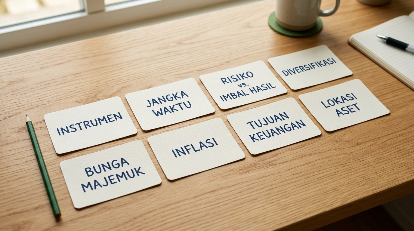 Kartu-kartu istilah keuangan dasar tersusun rapi di atas meja sebagai gambaran konsep edukasi investasi dasar