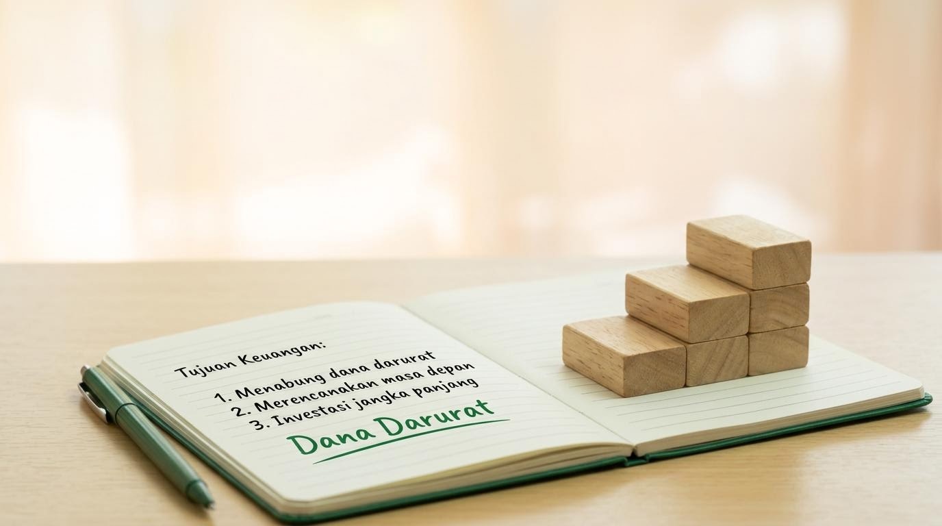 Buku catatan terbuka dengan daftar tujuan keuangan dan anak tangga yang menanjak sebagai gambaran langkah awal investasi