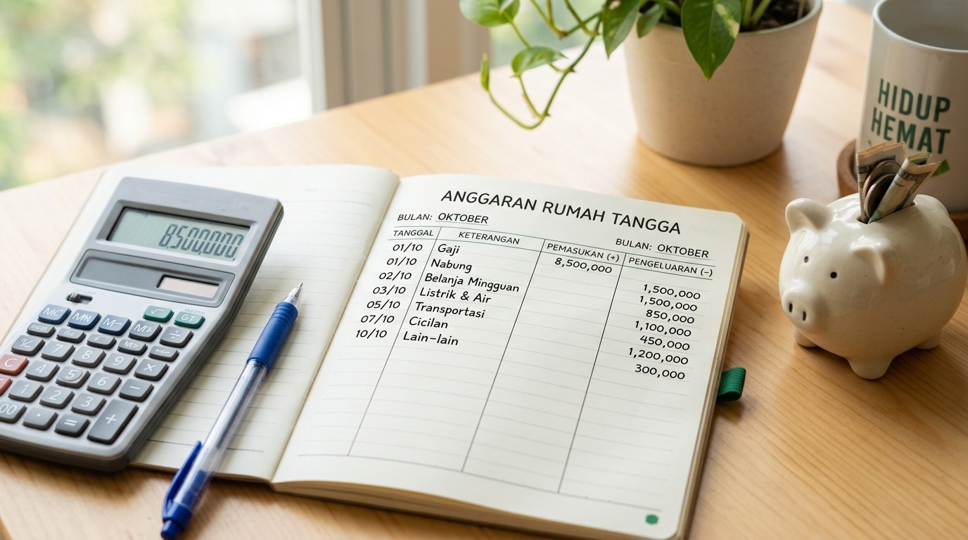 Buku catatan anggaran rumah tangga dan kalkulator yang melambangkan pengelolaan uang sebagai fondasi belajar